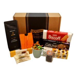 Giftbox `Thee Enjoy` Fraai geschenkbox boordevol koekjes, chocolade en snoepjes