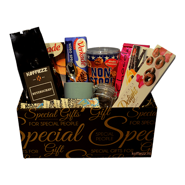 Luxe 'Beterschap' cadeaupakket met koffie, mok, chocolade, koekjes en snoepjes verpakt in een stijlvolle geschenkdoos