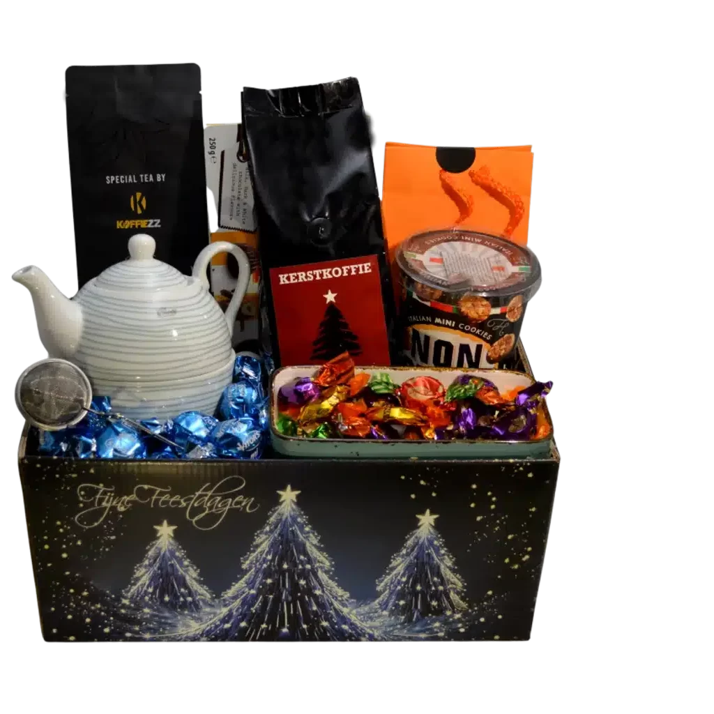 Kerstpakket koffie en thee met lekkernijen